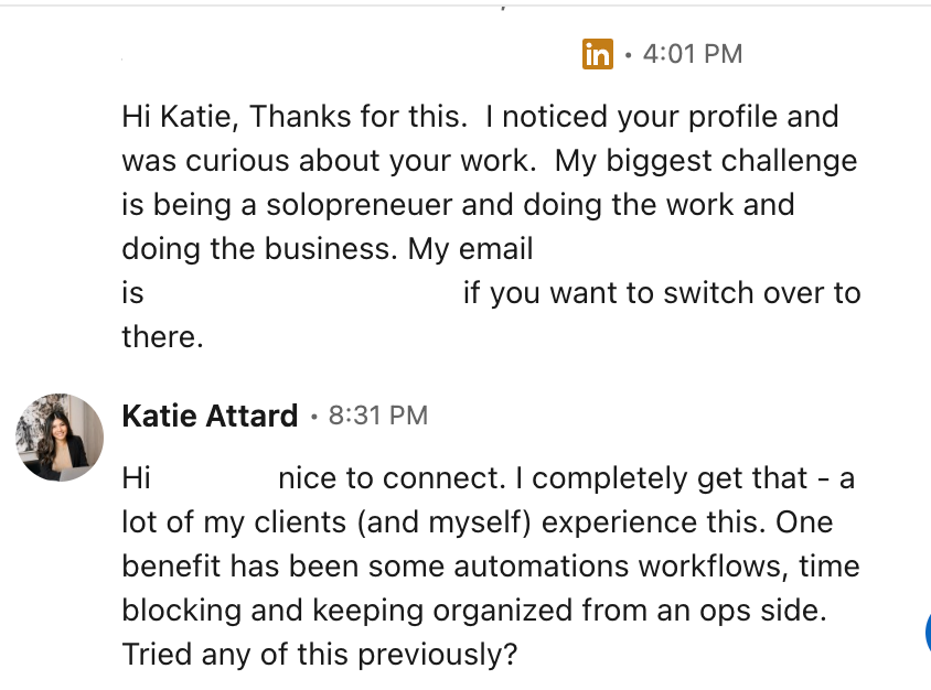 LinkedIn DM exchange where a prospect reaches out about being a solopreneur struggling to balance work and business &mdash; this conversation converted to $16K cash for konduitoperations.com.